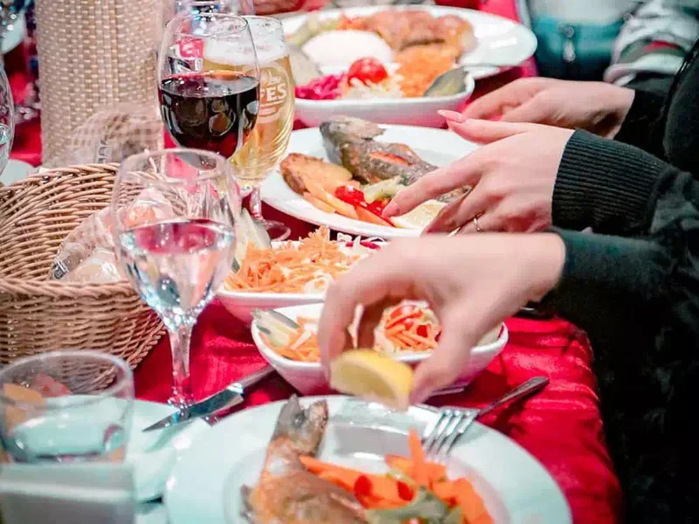 A plated four-course Turkish dinner served on board